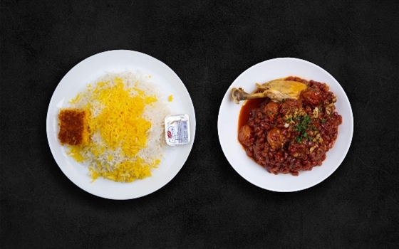 چلو خورشت اناردون با ران مرغ عسلی
